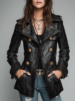 Chaqueta Vintage Negra de Ecopiel con Doble Botonadura