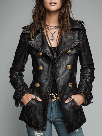 Chaqueta Vintage Negra de Ecopiel con Doble Botonadura