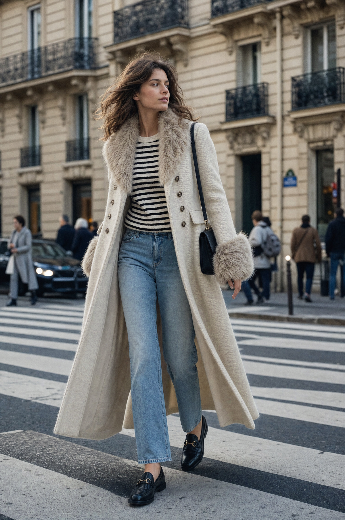 Abrigo Quiet Luxury de Mezcla de Lana con Cuello de Pelo, Doble Botonadura y Cintura Entallada