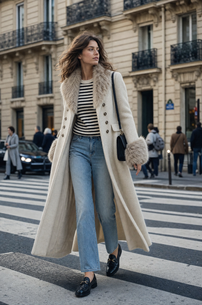 Abrigo Quiet Luxury de Mezcla de Lana con Cuello de Pelo, Doble Botonadura y Cintura Entallada