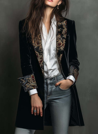 Blazer Vintage de Terciopelo Negro con Solapas de Estampado Barroco