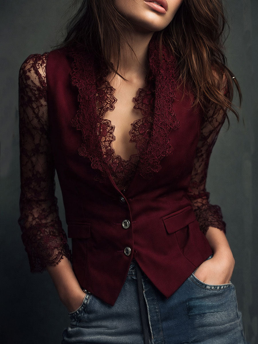 Top blazer negro elegante con mangas de encaje