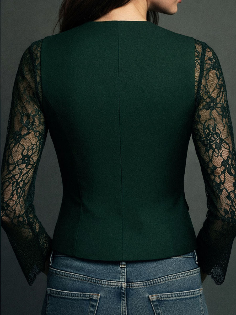 Top blazer negro elegante con mangas de encaje