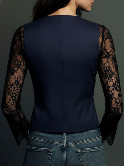 Top blazer negro elegante con mangas de encaje