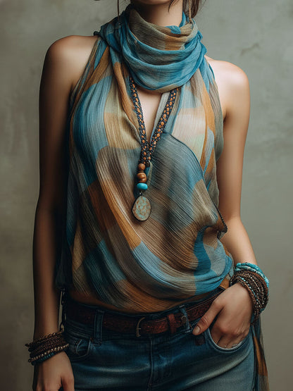 Blusa Boho de Chifón Azul y Ámbar con Cuello Halter y Pañuelo
