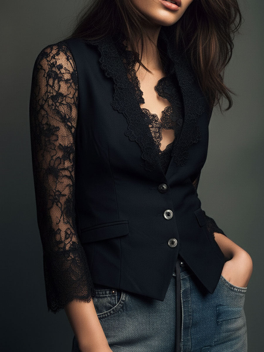 Top blazer negro elegante con mangas de encaje