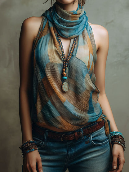 Blusa Boho de Chifón Azul y Ámbar con Cuello Halter y Pañuelo