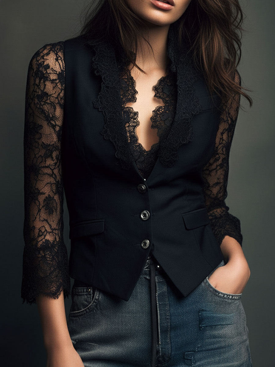 Top blazer negro elegante con mangas de encaje