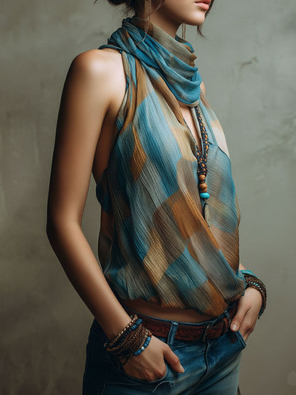 Blusa Boho de Chifón Azul y Ámbar con Cuello Halter y Pañuelo