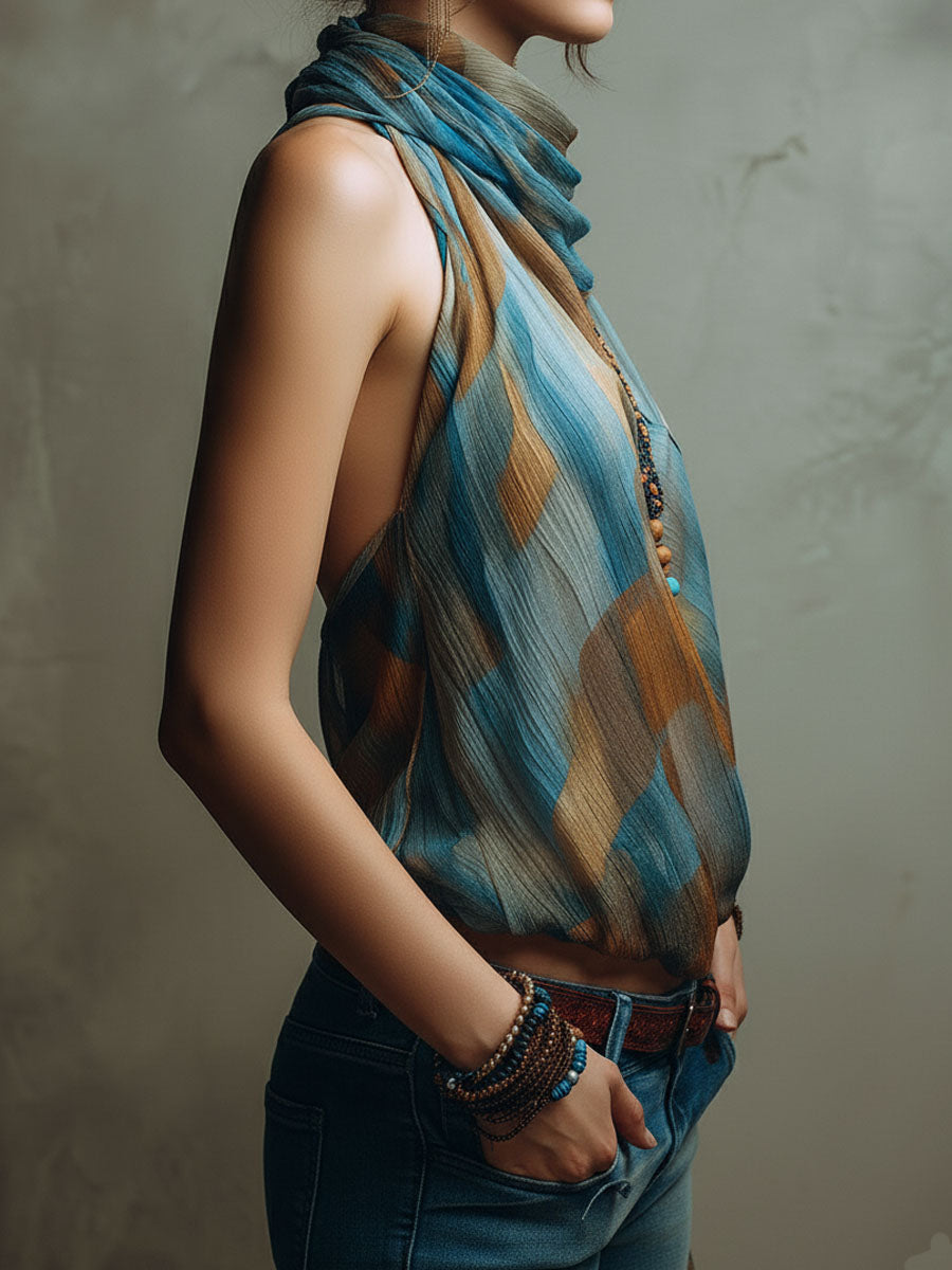 Blusa Boho de Chifón Azul y Ámbar con Cuello Halter y Pañuelo