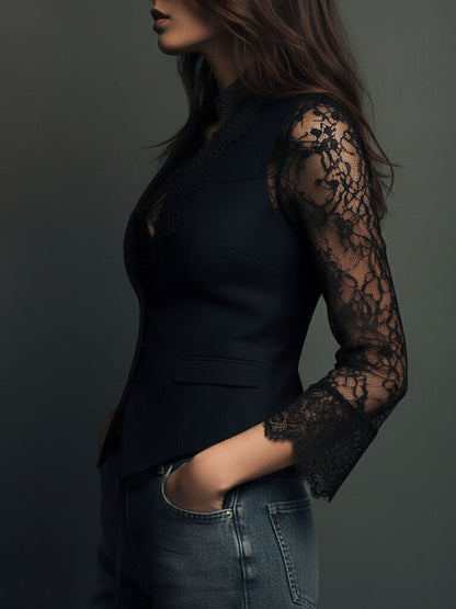 Top blazer negro elegante con mangas de encaje