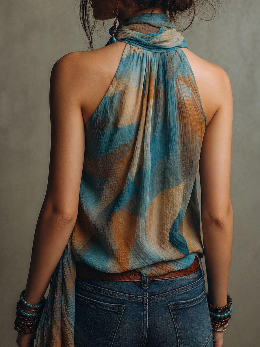 Blusa Boho de Chifón Azul y Ámbar con Cuello Halter y Pañuelo