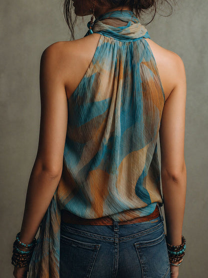 Blusa Boho de Chifón Azul y Ámbar con Cuello Halter y Pañuelo