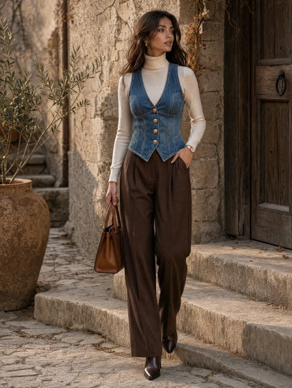 Chaleco Corsé Vaquero Azul Boho Chic con Botones Frontales