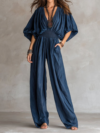 Mono Bohemio Índigo con Cintura Fruncida Elástica