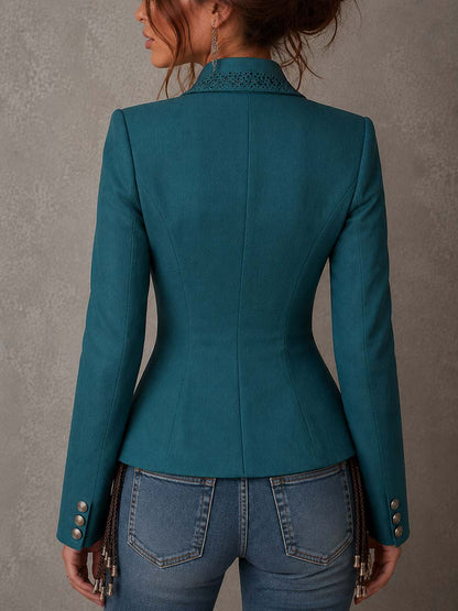 Blazer corto verde azulado con encaje y cintura estilo corsé