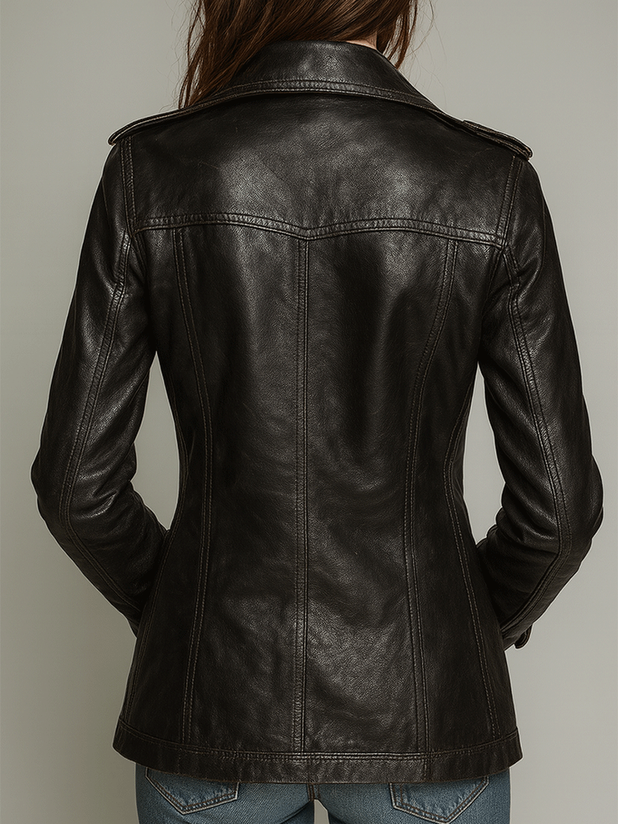 Chaqueta Vintage Negra de Ecopiel con Doble Botonadura