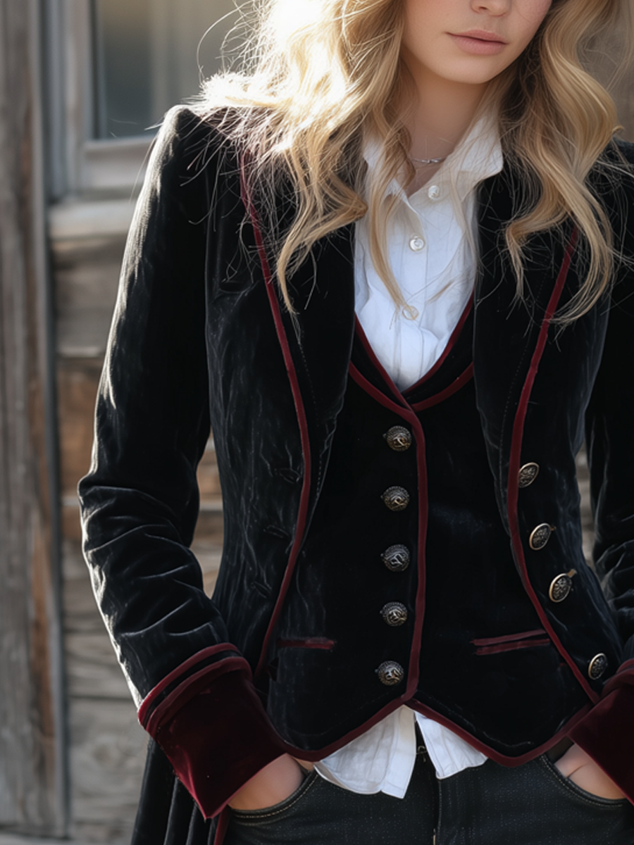 Chaqueta Larga Vintage de Terciopelo con Detalles en Contraste
