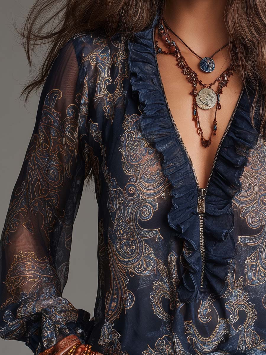 Blusa Azul Marino de Chifón con Estampado Barroco Paisley, Volantes y Cremallera