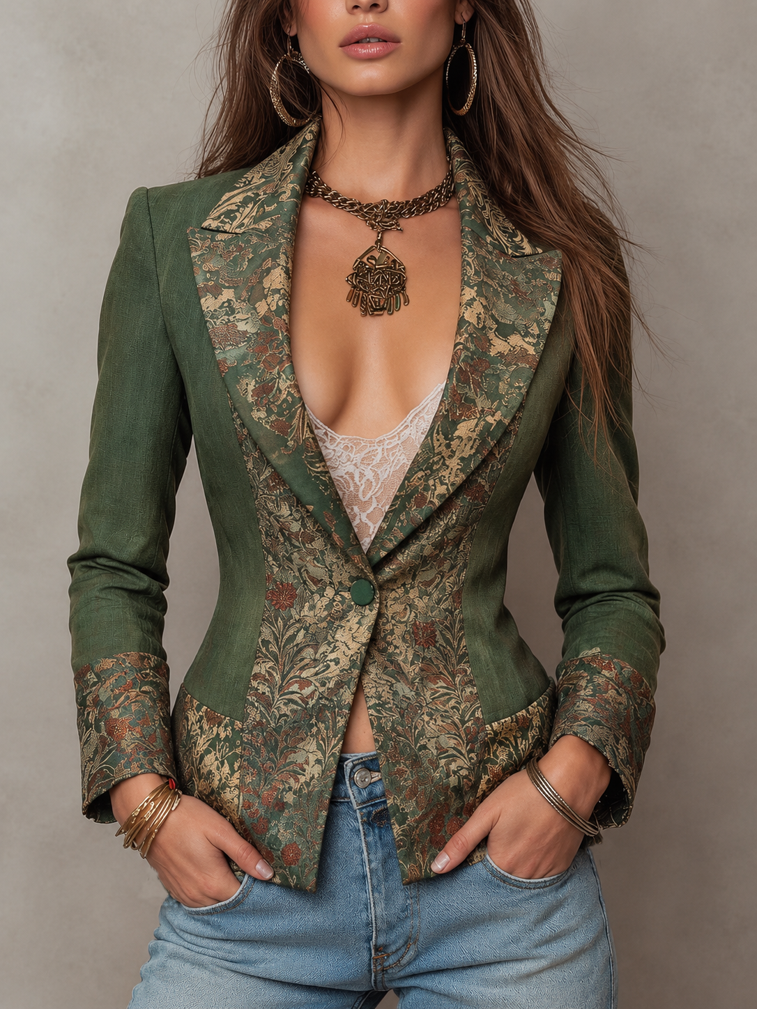 Blazer Vintage Verde Oliva Entallado con Solapas y Puños Florales en Contraste
