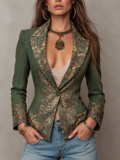 Blazer Vintage Verde Oliva Entallado con Solapas y Puños Florales en Contraste