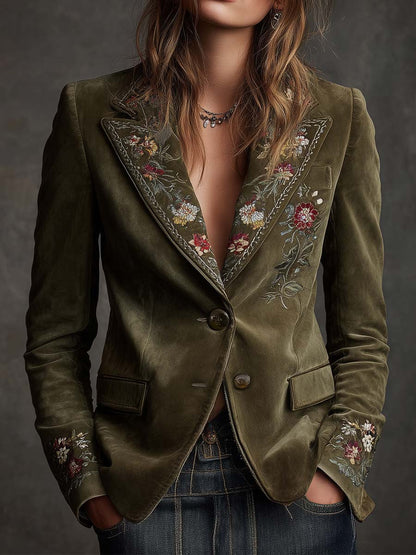 Blazer de Terciopelo Verde Oliva con Elegantes Bordados Florales