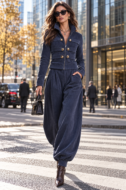 Conjunto de Pana de Dos Piezas con Chaqueta de Cremallera y Pantalón Jogger Balloon