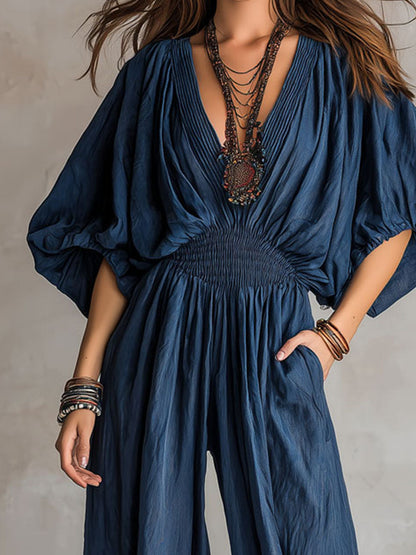 Mono Bohemio Índigo con Cintura Fruncida Elástica