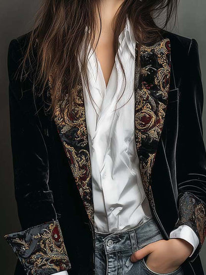 Blazer Vintage de Terciopelo Negro con Solapas de Estampado Barroco
