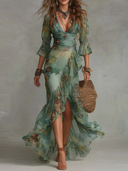 Vestido largo cruzado con estampado floral romántico retro