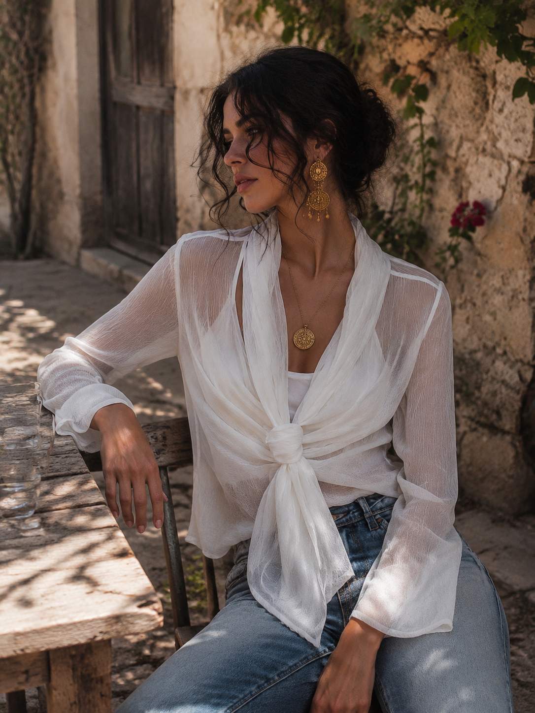 Blusa Semitransparente de Chifón Texturizado con Diseño Cruzado, Lazo Frontal y Top Interior