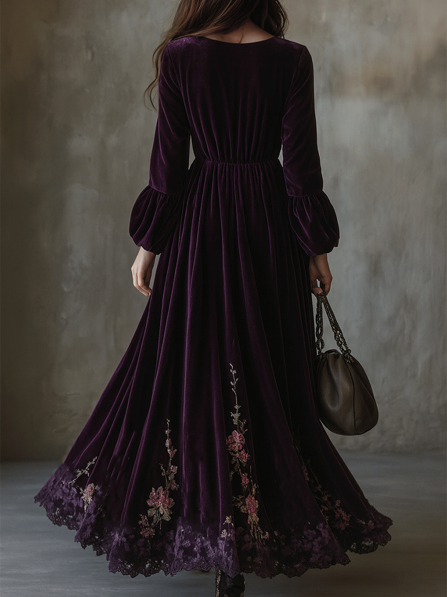 Vestido Maxi Vintage de Terciopelo con Bordado Floral