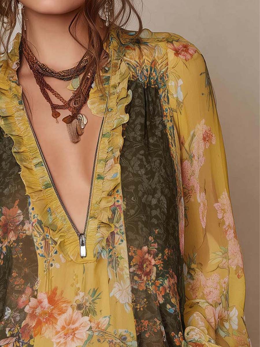 Blusa de Chifón Floral con Volantes y Cremallera Frontal