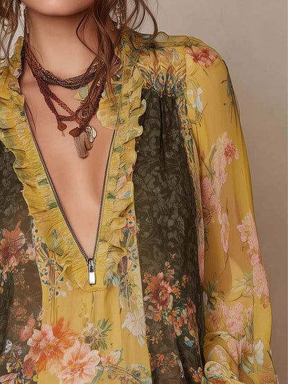 Blusa de Chifón Floral con Volantes y Cremallera Frontal