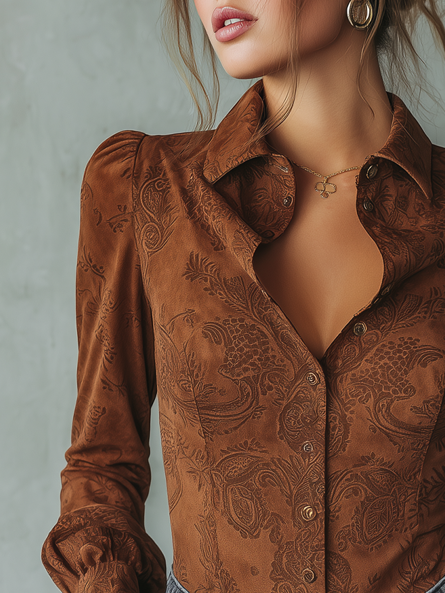 Blusa Retro de Ante Ecológico con Estampado Paisley y Manga Larga