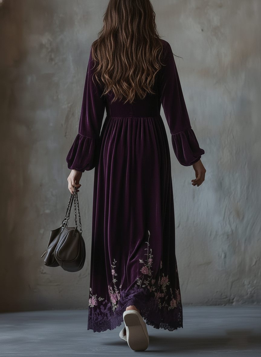 Vestido Maxi Vintage de Terciopelo con Bordado Floral