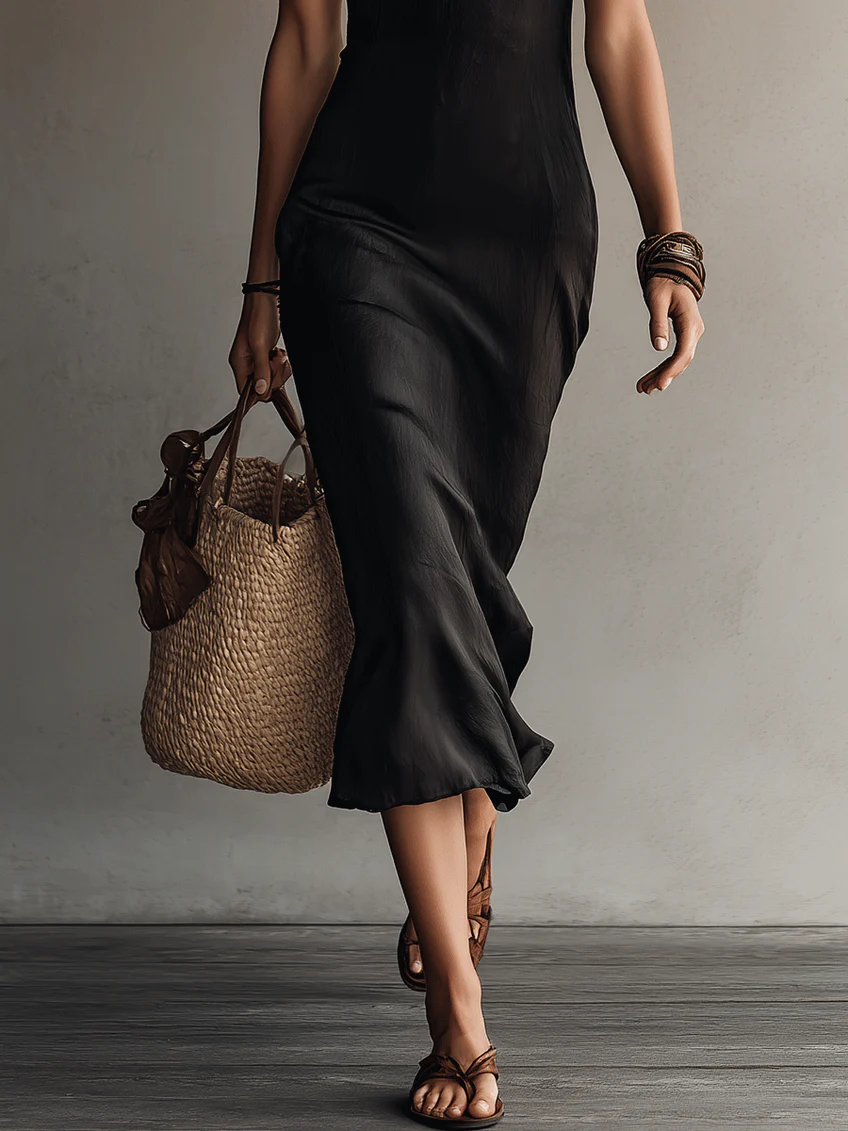 Adriana | Vestido midi negro sin mangas, con escote en V y ribetes de encaje