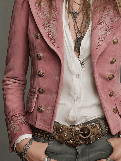 Chaqueta Vintage de Ante Bordado con Doble Botonadura