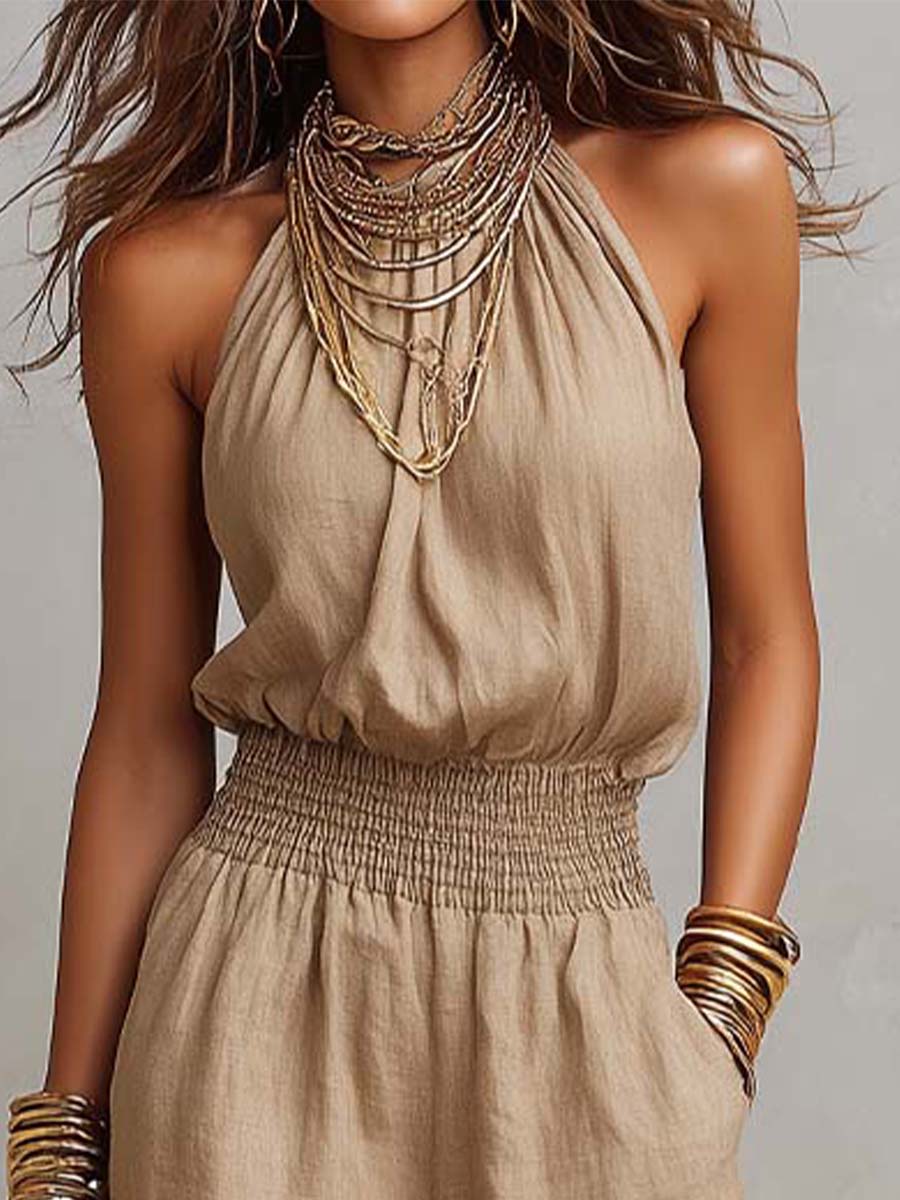 Mono Beige Tostado de Algodón y Lino con Cuello Halter, Cintura Fruncida y Pierna Ancha