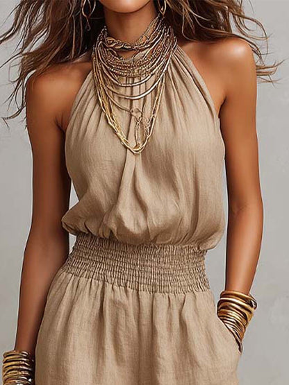 Mono Beige Tostado de Algodón y Lino con Cuello Halter, Cintura Fruncida y Pierna Ancha