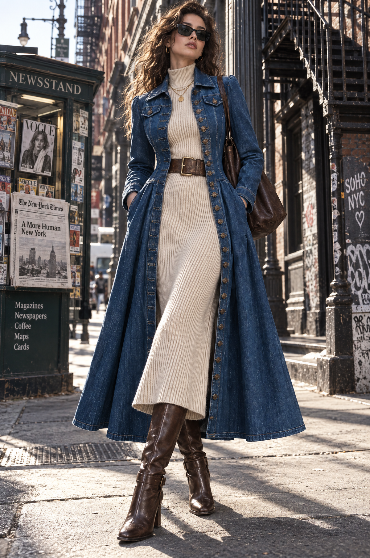 Gabardina vaquera larga entallada de estilo retro