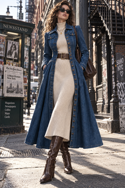 Gabardina vaquera larga entallada de estilo retro
