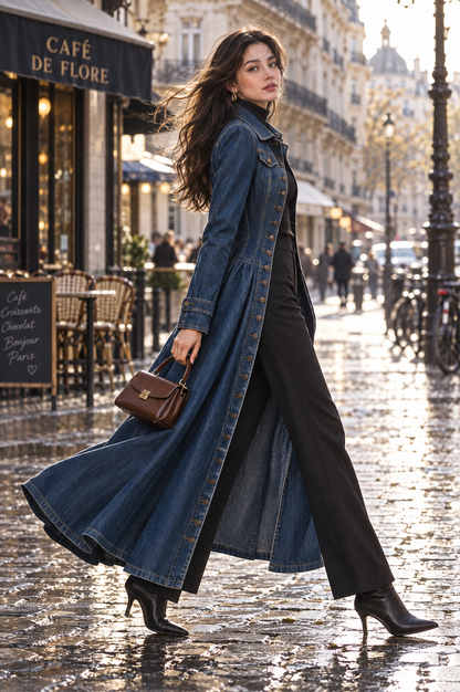 Gabardina vaquera larga entallada de estilo retro
