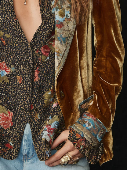 Blazer Vintage de Terciopelo con Solapas, Estampado Floral y Detalles Patchwork