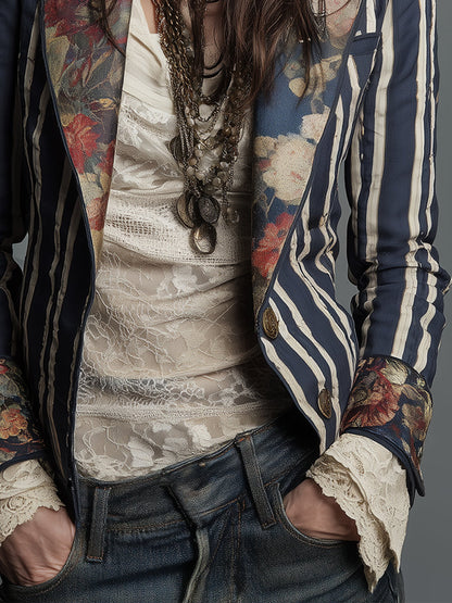 Blazer de algodón y lino con rayas y estampado floral bohemio