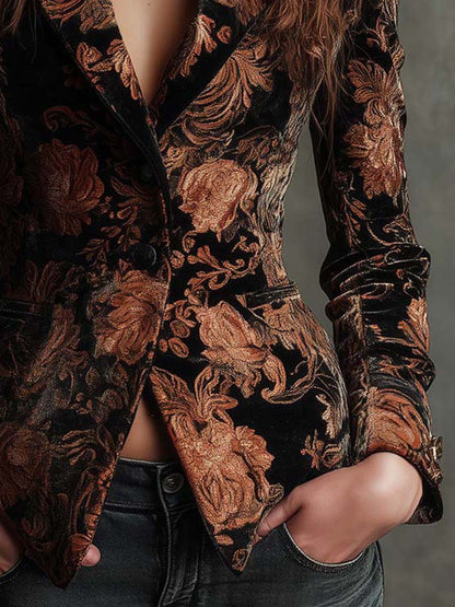 Blazer negro de terciopelo con estampado floral en tonos bronce