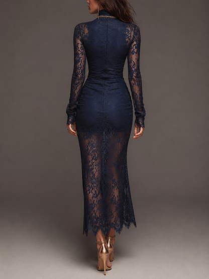 Vestido Midi Romántico Bohemio de Encaje Floral con Cuello Alto, Manga Larga, Fruncido Lateral y Abertura Alta