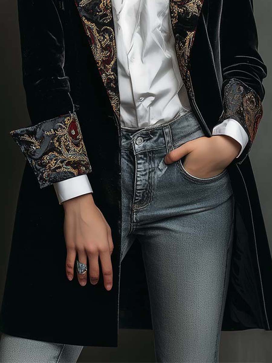 Blazer Vintage de Terciopelo Negro con Solapas de Estampado Barroco