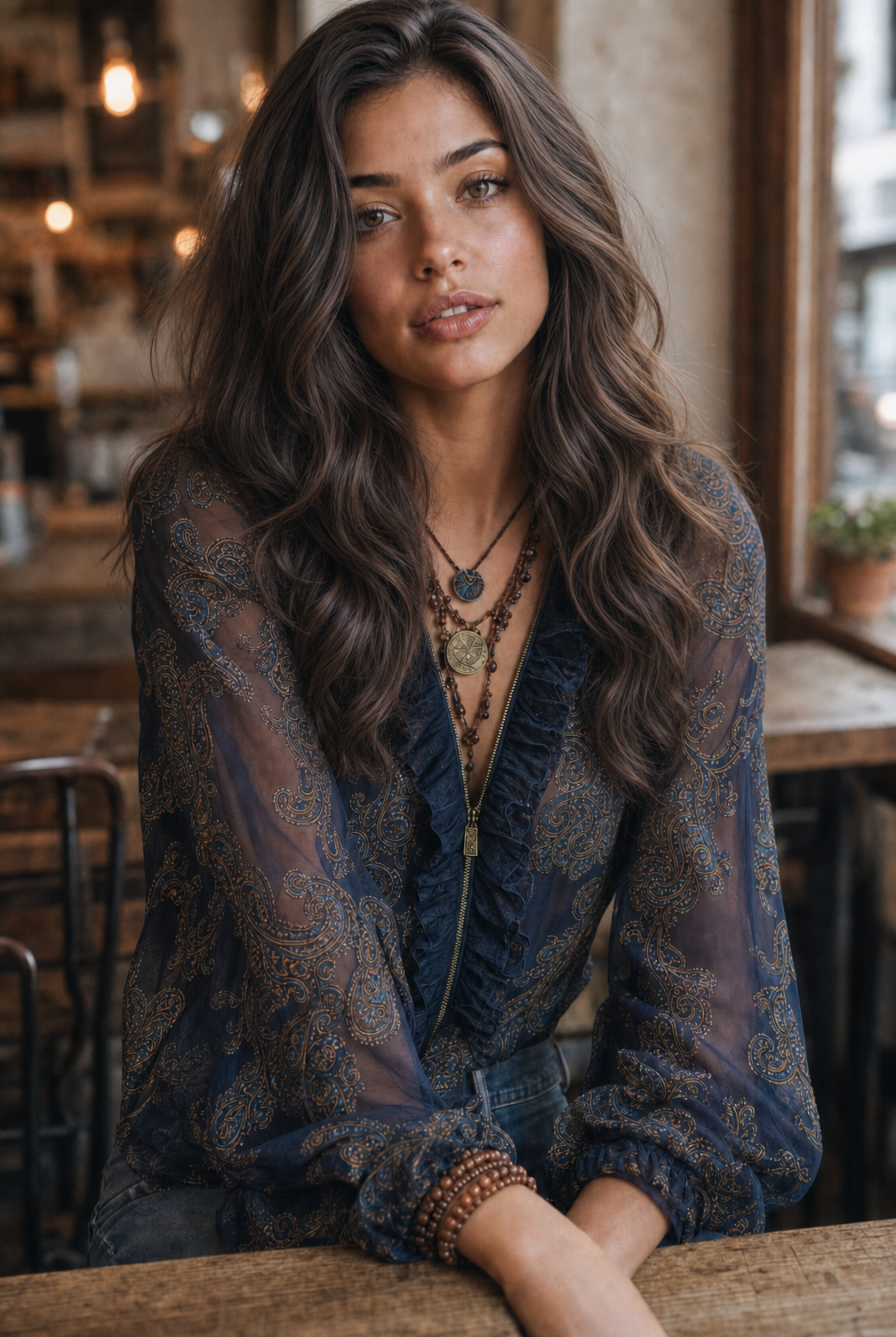 Blusa Azul Marino de Chifón con Estampado Barroco Paisley, Volantes y Cremallera
