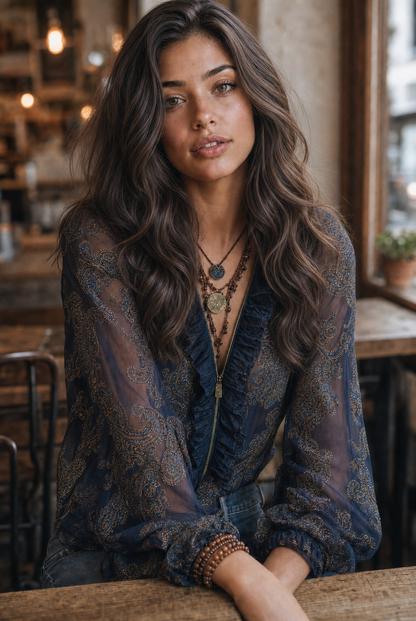 Blusa Azul Marino de Chifón con Estampado Barroco Paisley, Volantes y Cremallera